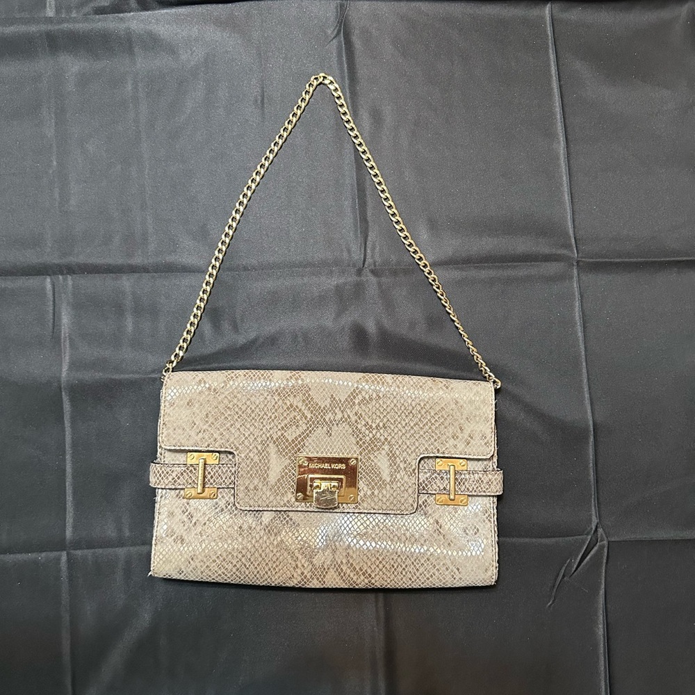 Michael Kors Tan Leather Snake Print Clutch with Gold Chain - Picture 1 of 5